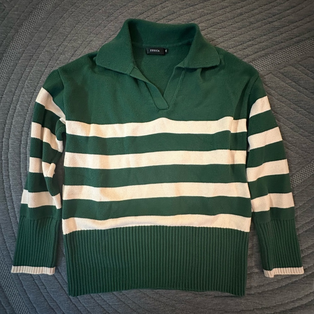 Zessica Green and Cream Striped Polo Sweater